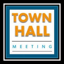 A blue and white square with the words town hall meeting in it.