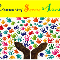 A community service award with hands and colorful handprints.