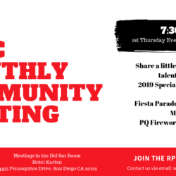 A red and white poster with the words " big monthly community meeting ".
