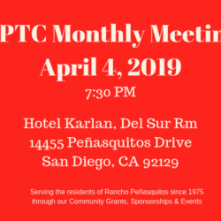 A red background with white text that says ptc monthly meeting, april 4, 2 0 1 9.