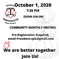 A poster with the date and time for an online community meeting.