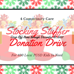 A poster with the words stocking stuffer donation drive.