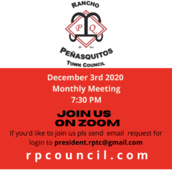 A red and white flyer with the words " rancho perasquitos town council december 3 rd 2 0 2 0 monthly meeting 7 : 3