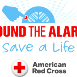 A red cross logo and the words " around the alarm save a life."