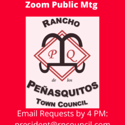 A red and white poster with the words " rancho de los penasquitos town council " on it.