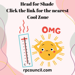 A thermometer and sun with text reading " head for shade."